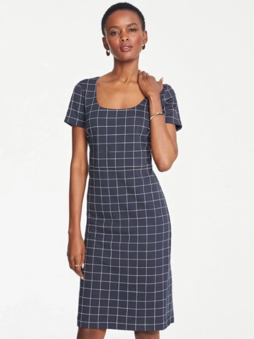 NWT Ann Taylor Navy Windowpane Short Sleeve Sheath Dress